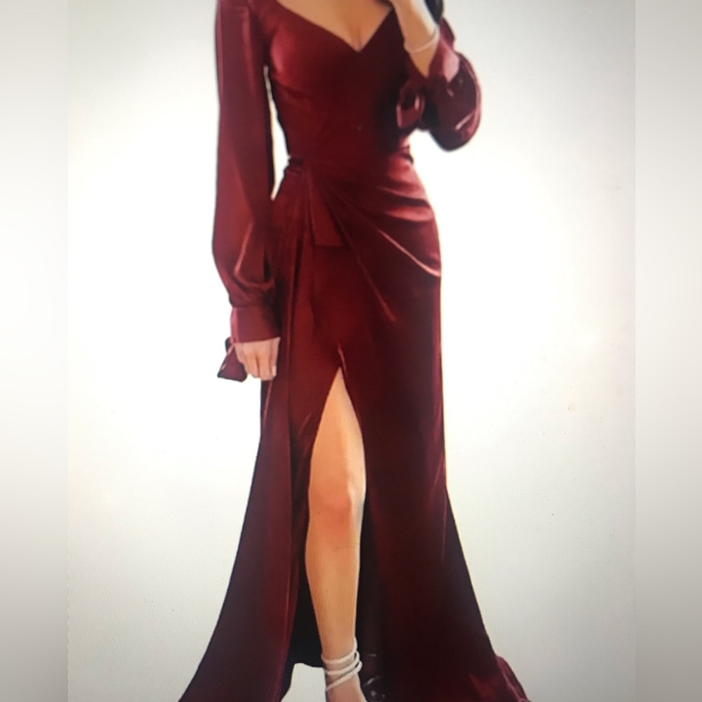Never worn satin long sleeve party gown with train